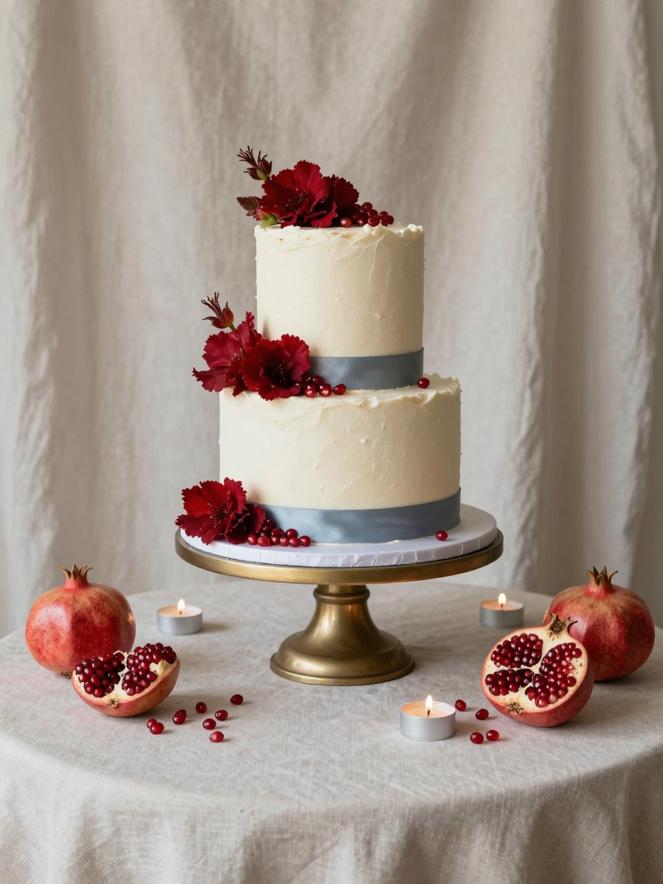 Realistic DSLR photo of a fall wedding cake table with pomegranate red flowers, stone blue silk ribbon, pale gold cake stand, cream buttercream cake, scattered pomegranate fruit, small taper candles, textured linen backdrop, soft editorial lighting.