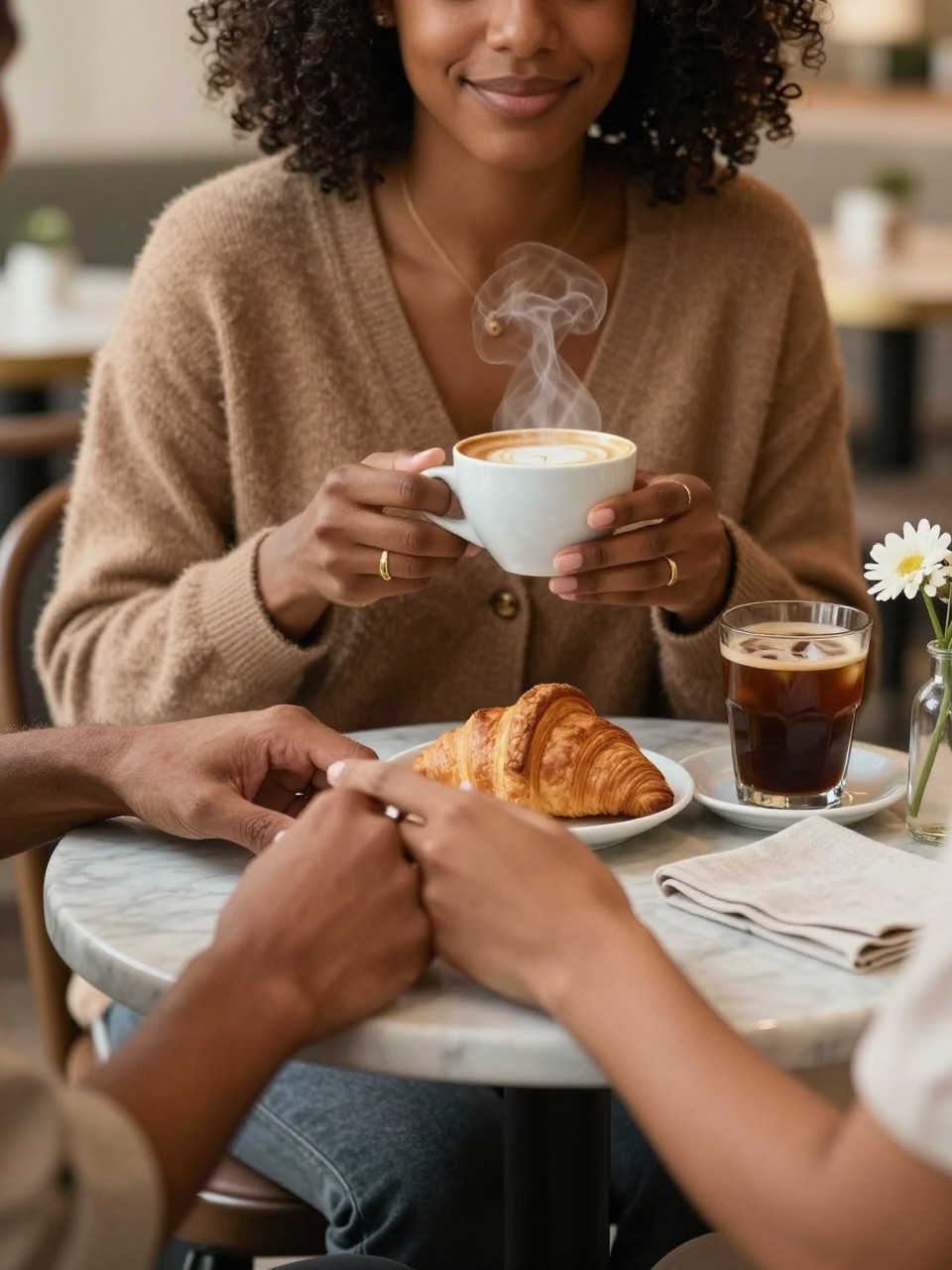 Image prompt: A cozy DSLR cafe photo of an adult couple seated across a small round marble table, no full faces shown, cropped from just below the nose down to the tabletop, featuring a Black woman with deep brown skin wearing a soft brown cardigan, gold rings, and a delicate necklace, holding a cappuccino cup with both hands while her partner reaches across the table to touch her wrist, their mouths and chins partly visible but eyes and full faces fully cropped out, croissants, iced coffee, linen napkin, tiny flower vase, warm cafe light, realistic cup steam, natural skin texture, intimate faceless cafe date mood.