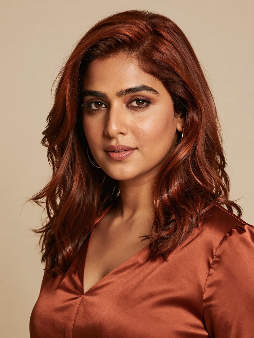 Image Prompt: A gorgeous Indian woman with medium-length soft auburn brown hair, rich reddish-brown shade with warm copper undertones, loose waves, medium-deep skin tone, soft warm makeup, glossy lips, gold earrings, rust satin blouse, clean studio background, warm diffused lighting, realistic DSLR beauty portrait, detailed auburn brown shine, no text, (no watermarks on images)