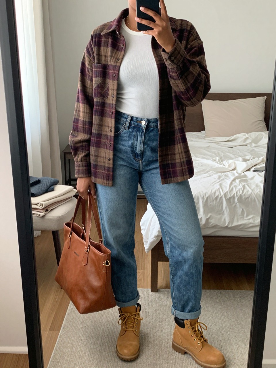 mirror selfie of a Black woman wearing the exact outfit described above, clearly showing a brown and burgundy plaid flannel shirt, white fitted ribbed tee, blue relaxed boyfriend jeans, tan lace-up boots, and brown leather tote bag, holding a phone in front of a mirror, cropped at NECK so the face does not show, with a relaxed casual selfie pose, in a cozy bedroom mirror setup, natural window light, including soft pillows on an unmade bed and folded blanket on a chair, latest iPhone photo quality.