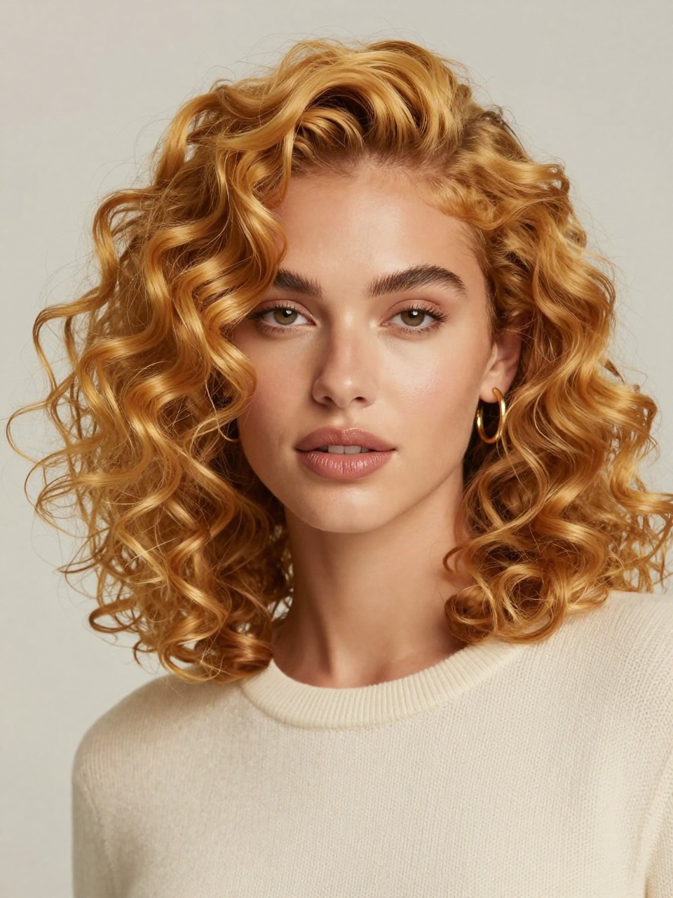 Image Prompt: A beautiful woman with shoulder-length honey yellow curls, warm golden yellow hair color with soft honey undertones, defined spiral curls with healthy volume and shine, warm medium-deep skin tone, natural glowing makeup, glossy nude lips, small gold hoops, cream knit top, clean neutral studio background, soft diffused lighting, close-up beauty editorial portrait, realistic DSLR photo, crisp curl texture and honey yellow shine, no text, (no watermarks on images)
