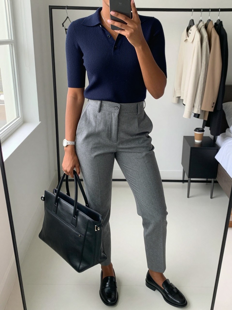 mirror selfie of a Black woman wearing the exact outfit described above, clearly showing a navy ribbed knit polo top, grey high-waisted tailored trousers, black loafers, black structured work tote, and silver watch, holding a phone in front of a mirror, cropped at NECK so the face does not show, with a relaxed casual selfie pose, in a fashion studio mirror corner, natural window light, including a clothing rack with garments behind and a coffee mug on a bedside table, latest iPhone photo quality.