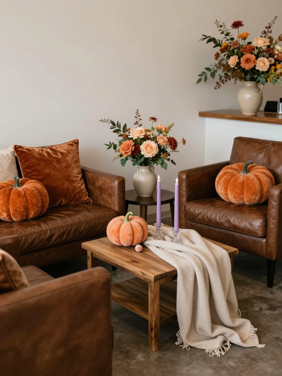 Realistic DSLR photo of a fall wedding lounge corner with pumpkin spice velvet pillows, apricot flowers, dusty lilac taper candles, cocoa brown leather chairs, small wooden coffee table, soft throw blanket, floral arrangements in ceramic vases, cozy indoor wedding cocktail hour.