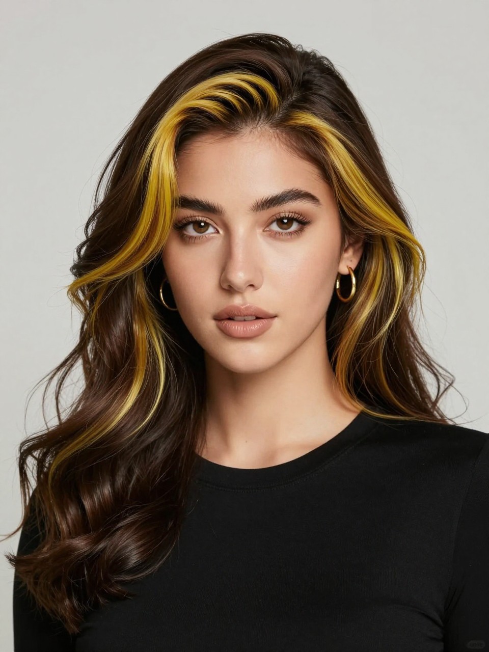 Image Prompt: A stylish woman with dark brown wavy hair and yellow money piece highlights, bold golden yellow front sections framing the face, rich dark brunette base, loose waves with shine, natural glam makeup, glossy nude lips, small gold hoop earrings, fitted black top, clean neutral studio background, close-up beauty portrait, realistic DSLR photo, clear face-framing yellow color detail, no text, (no watermarks on images)