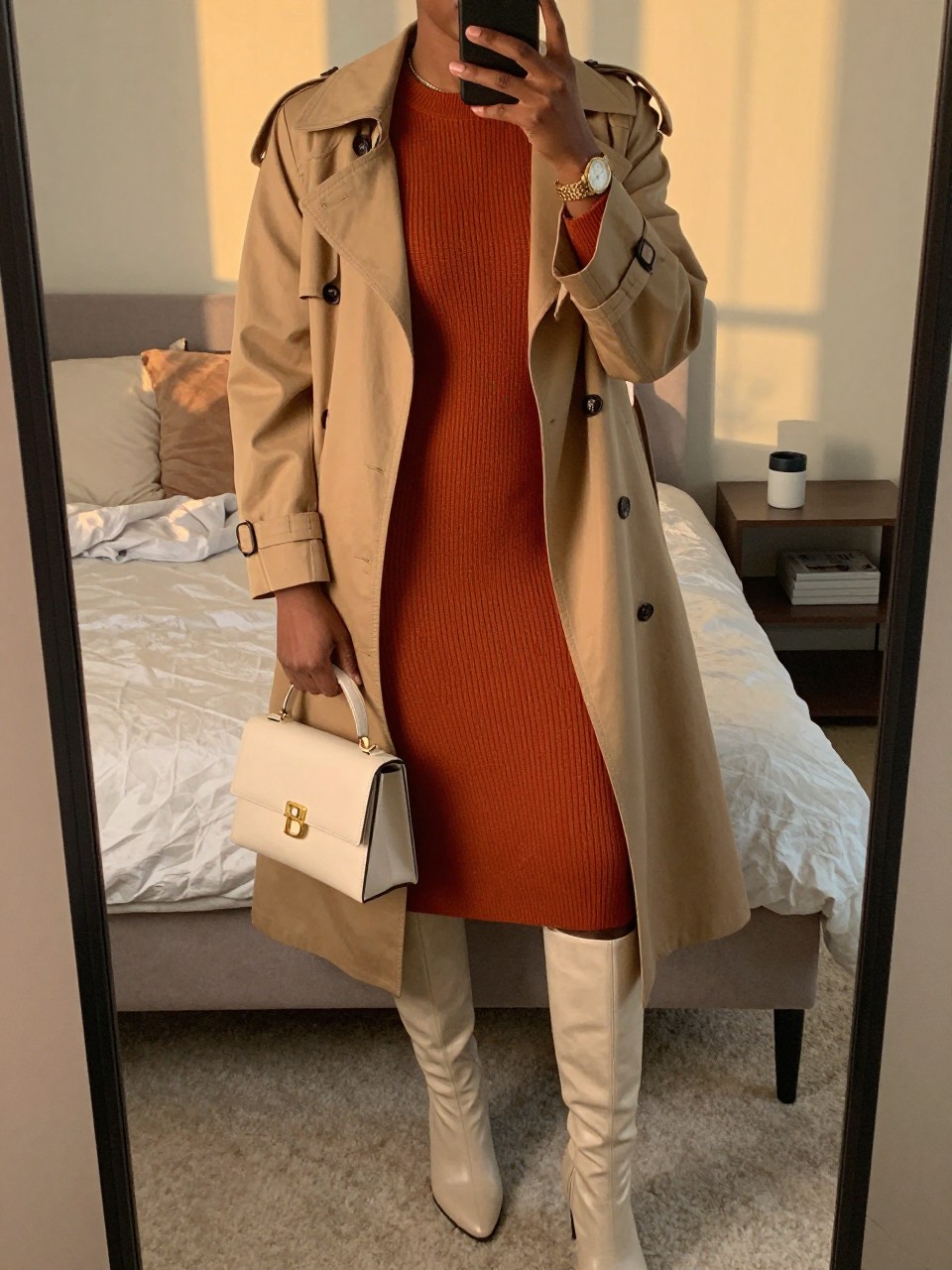 mirror selfie of a Black woman wearing the exact outfit described above, clearly showing a rust orange ribbed sweater dress, cream knee-high boots, tan belted trench coat, cream top-handle bag, and gold watch, holding a phone in front of a mirror, cropped at NECK so the face does not show, with a relaxed birthday selfie pose, in a cozy bedroom mirror setup, evening golden hour, including soft pillows on an unmade bed and a coffee mug on a bedside table, latest iPhone photo quality.
