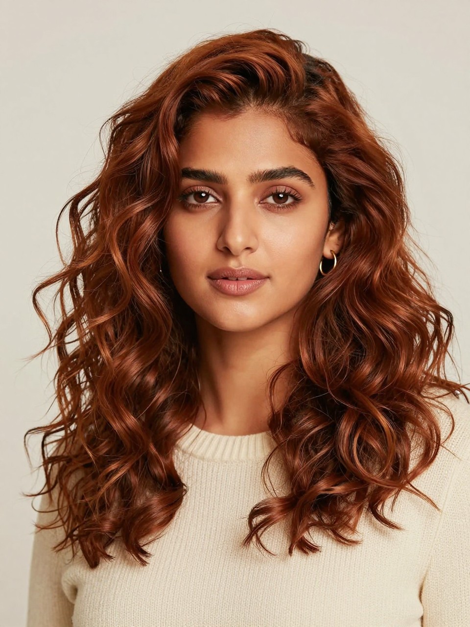 Image Prompt: A beautiful Indian woman with shoulder-length cinnamon brown curly hair, warm reddish-brown tone with soft copper shine, defined curls with volume, golden wheatish skin tone, natural glowing makeup, glossy lips, small gold hoops, cream knit top, clean studio background, soft diffused lighting, realistic DSLR beauty editorial portrait, detailed curl texture and warm color, no text, (no watermarks on images)