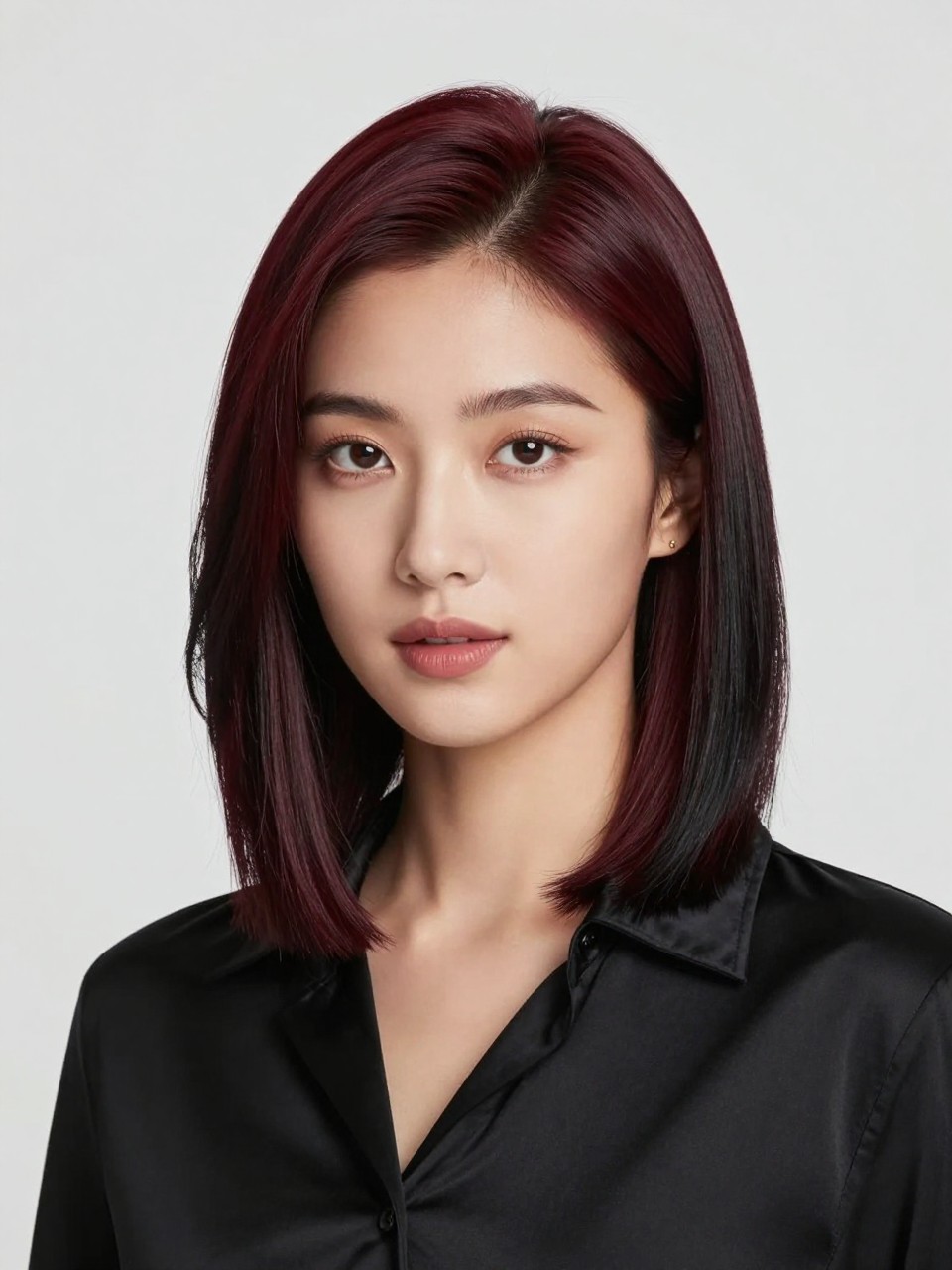 Image Prompt: A beautiful woman with shoulder-length hair styled in a clean split dye, one side rich burgundy and the other side deep black, sleek straight texture with a center part, smooth glossy finish, warm brown skin, soft berry-toned makeup, simple gold studs, black satin blouse, clean studio background, soft beauty lighting, realistic editorial portrait, crisp color separation, no text, (no watermarks on images)