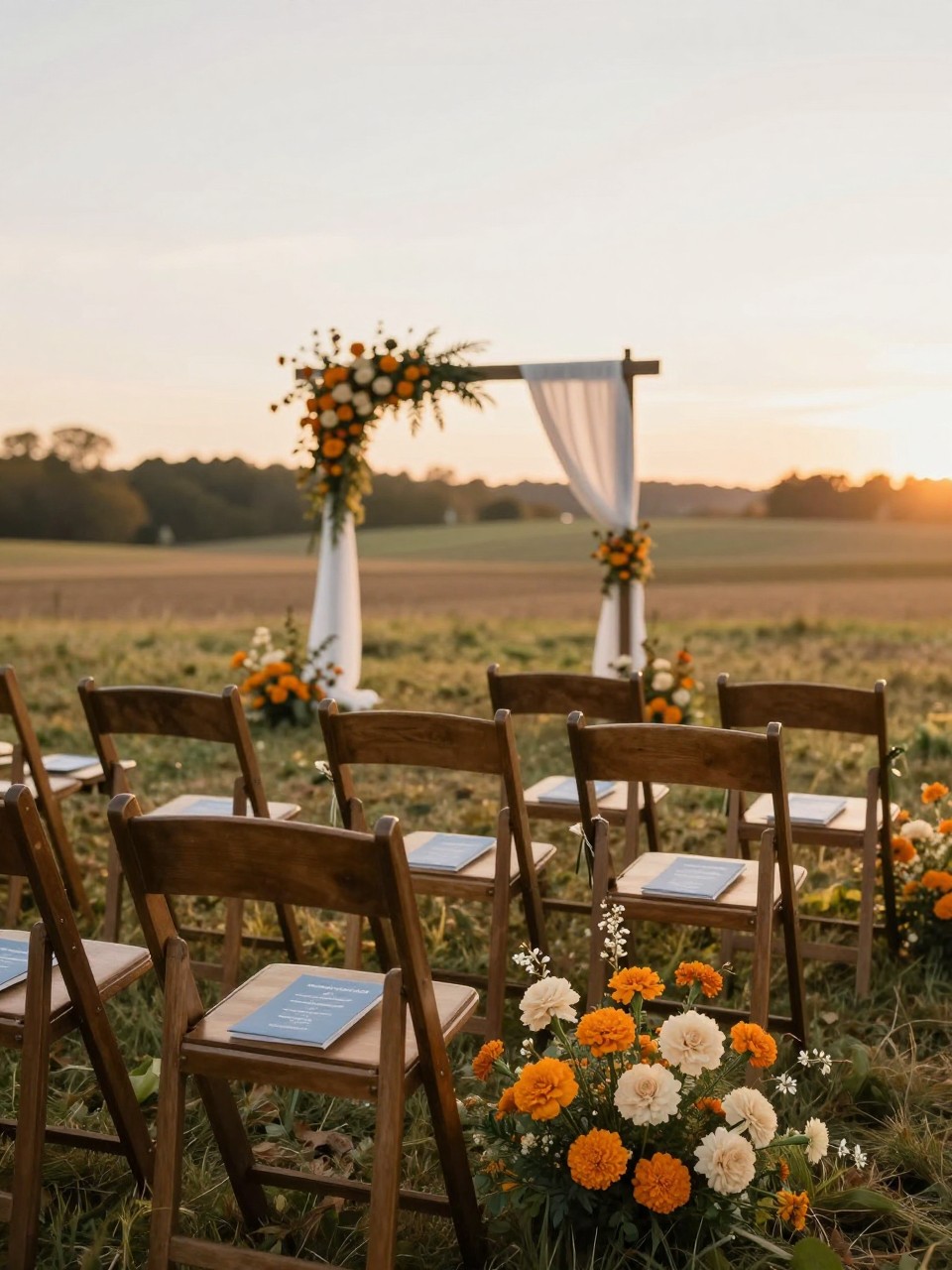 Realistic DSLR photo of a fall wedding ceremony setup in an open field, cinnamon brown wooden chairs, cloud blue ceremony programs, marigold floral clusters, soft ivory aisle flowers, warm sunset light, simple fabric arch, peaceful countryside wedding mood.