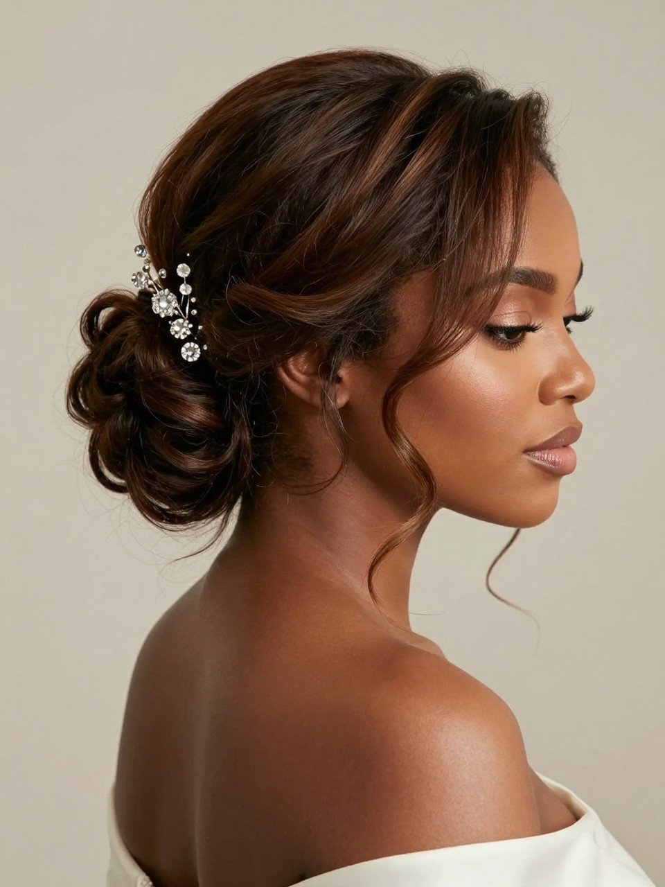 Image Prompt: A photorealistic romantic hairstyle of a black woman close-up showing a soft side-parted updo with loose face-framing pieces, gently pinned curls at the back, warm brunette hair with subtle highlights, delicate crystal hair pins, soft glam makeup, off-shoulder dress, airy neutral background, elegant bridal-style editorial photo, no text, no watermark, no watermarks on images.