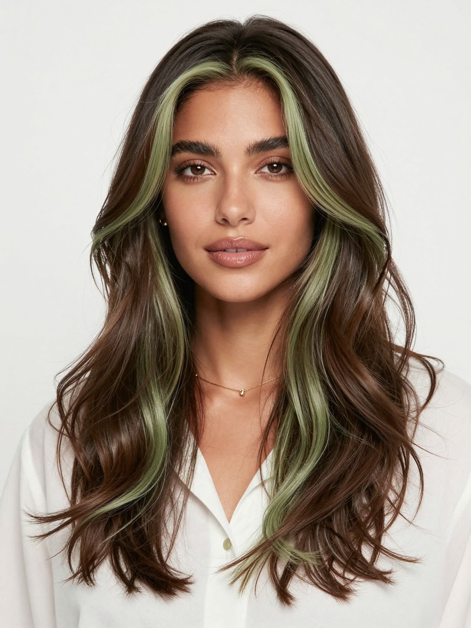 Image Prompt: A beautiful woman with dark chocolate brown hair and matcha chocolate highlights, rich brunette base with muted sage-green brown pieces placed around the face and through the lower layers, loose waves with shine, warm tan skin tone, soft bronzed makeup, glossy lips, small gold jewelry, white blouse, clean bright studio background, soft flattering lighting, realistic DSLR beauty portrait, detailed earthy highlight contrast and shine, no text, (no watermarks on images)