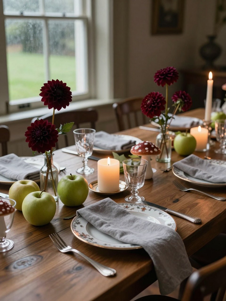 Realistic DSLR photo of a fall wedding reception in a countryside manor, burgundy dahlias, mushroom gray linen napkins, apple green fruit on the table, toasted cream candles, vintage silverware, patterned china plates, dark wood chairs, soft rainy-window light, cozy romantic mood.