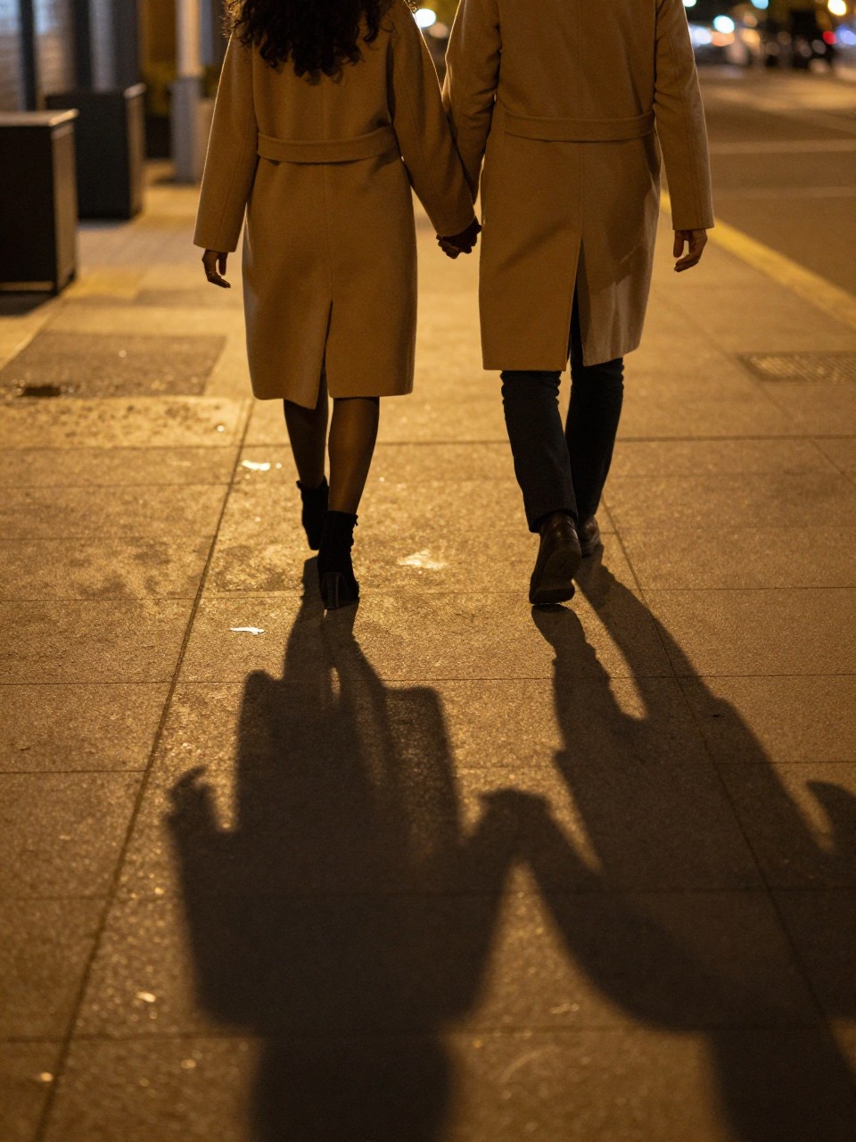 Image prompt: A cinematic night photo of an adult couple walking on a quiet sidewalk under warm streetlights, shown mostly as long shadows on the pavement instead of visible faces, featuring a Black woman with rich brown skin in a long camel coat and ankle boots walking beside her partner, only their lower bodies and connected hands visible at the edge of the frame, their elongated shadows stretching ,,''across wet pavement, blurred restaurant lights nearby, small puddles reflecting gold light, realistic coat movement, moody DSLR street photography, romantic no-face couple pose, modern city-night feeling.,;'