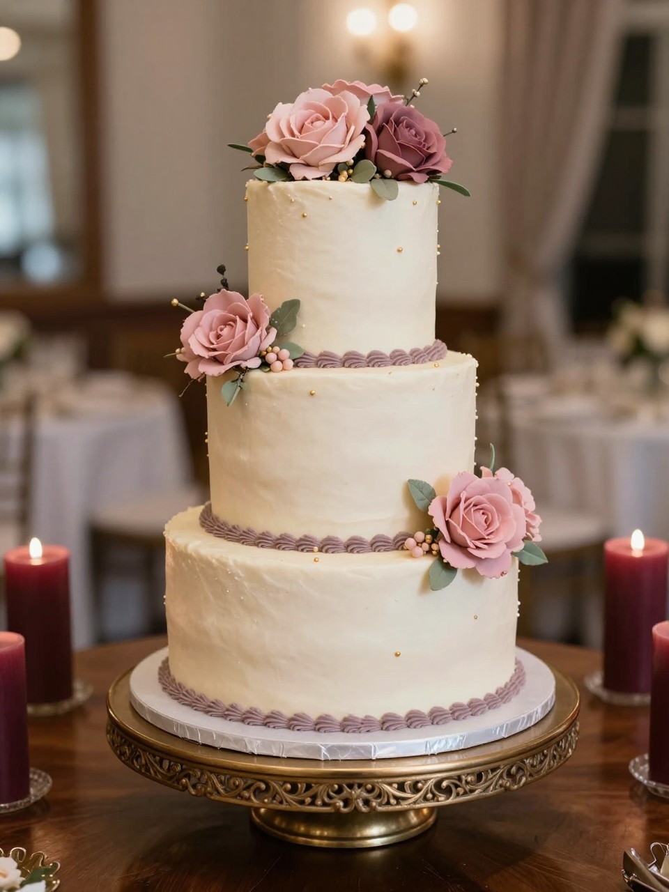 Realistic DSLR photo of a three-tier plum fall wedding cake with smooth buttercream, dusty pink sugar flowers, mauve piping, tiny gold pearl details, antique gold cake stand, dark wood dessert table, burgundy candles, soft indoor reception lighting.