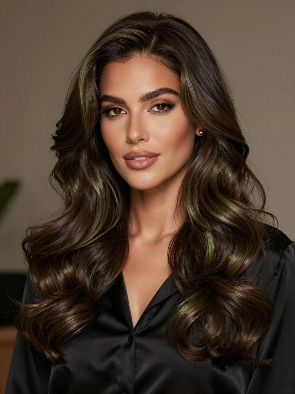Image Prompt: A gorgeous woman with long dark matcha chocolate hair, deep espresso brown base with subtle olive green and ash brown undertones, side part, soft loose curls, medium-deep skin tone, soft glam makeup, glossy nude lips, gold studs, black satin blouse, moody indoor studio background, soft warm lighting, realistic DSLR beauty portrait, detailed dark earthy brunette shine and curl movement, no text, (no watermarks on images)