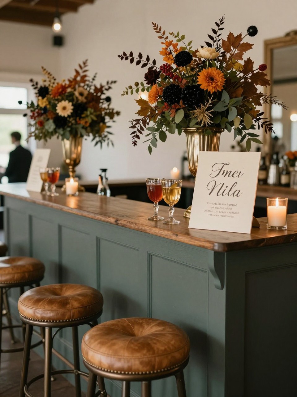 Realistic DSLR photo of a fall wedding bar setup with black cherry floral arrangements, camel leather stools, cream signage, dark sage painted bar front, gold-rimmed glasses, moody candlelight, stylish cocktail hour scene, indoor wedding venue.