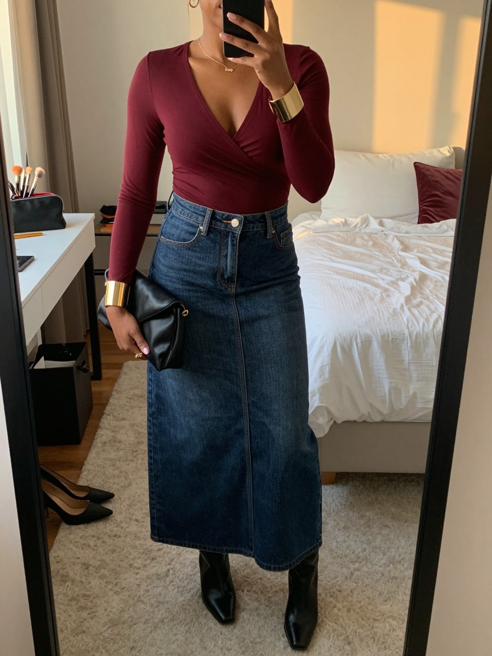mirror selfie of a Black woman wearing the exact outfit described above, clearly showing a wine long-sleeve wrap top, dark wash denim maxi skirt, black square-toe ankle boots, black satin clutch, and gold cuff bracelet, holding a phone in front of a mirror, cropped at NECK so the face does not show, with a relaxed casual selfie pose, in a feminine-themed bedroom, evening golden hour, including a makeup brush or cosmetic bag on the counter and a pair of heels on the floor nearby, latest iPhone photo quality.