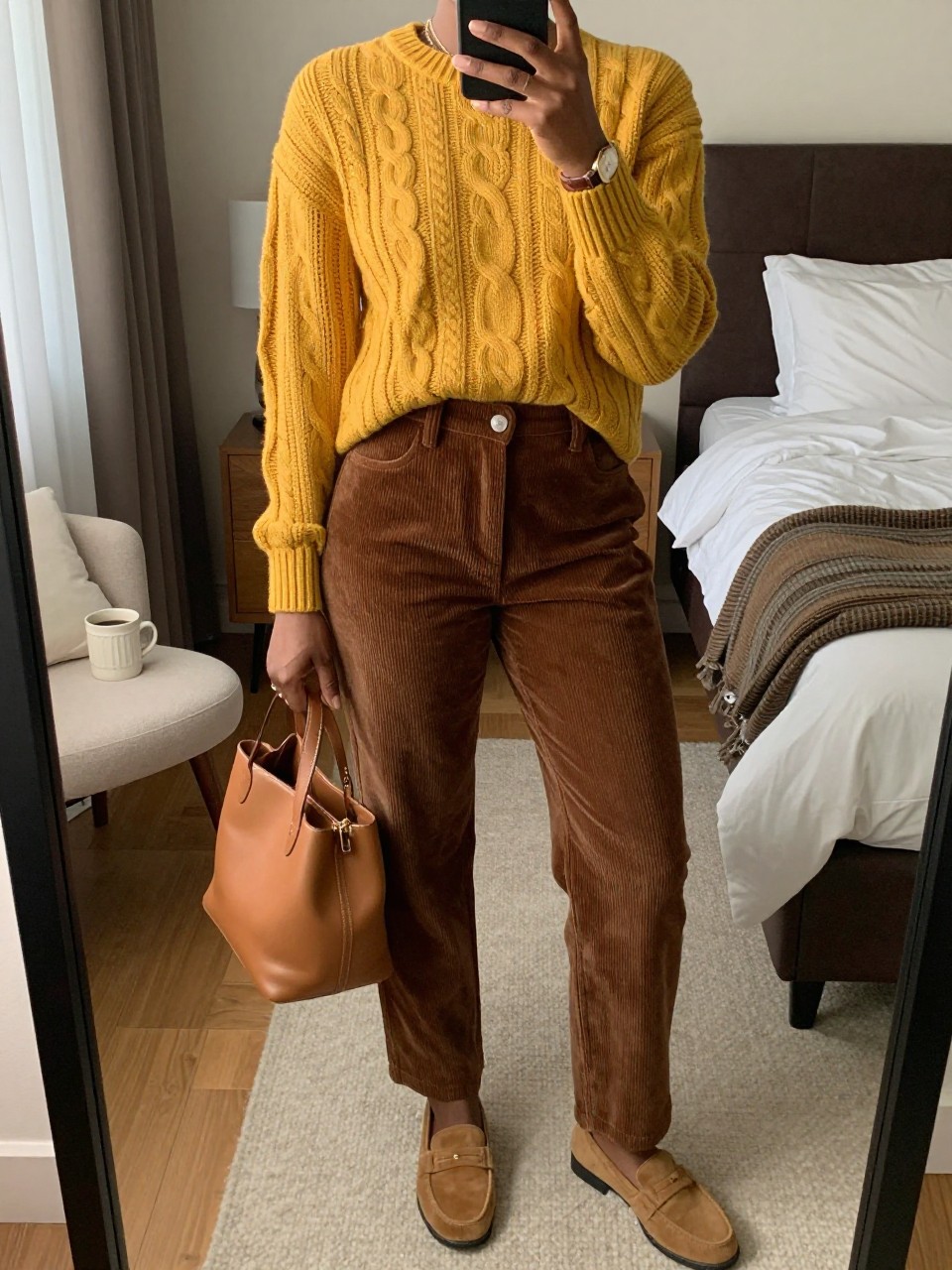 mirror selfie of a Black woman wearing the exact outfit described above, clearly showing a mustard yellow cable knit sweater, brown high-waisted corduroy straight-leg pants, tan suede loafers, caramel bucket bag, and brown leather watch, holding a phone in front of a mirror, cropped at NECK so the face does not show, with a relaxed casual selfie pose, in a feminine-themed bedroom, warm moody lighting, including a coffee mug on a bedside table and a folded blanket on a chair, latest iPhone photo quality.