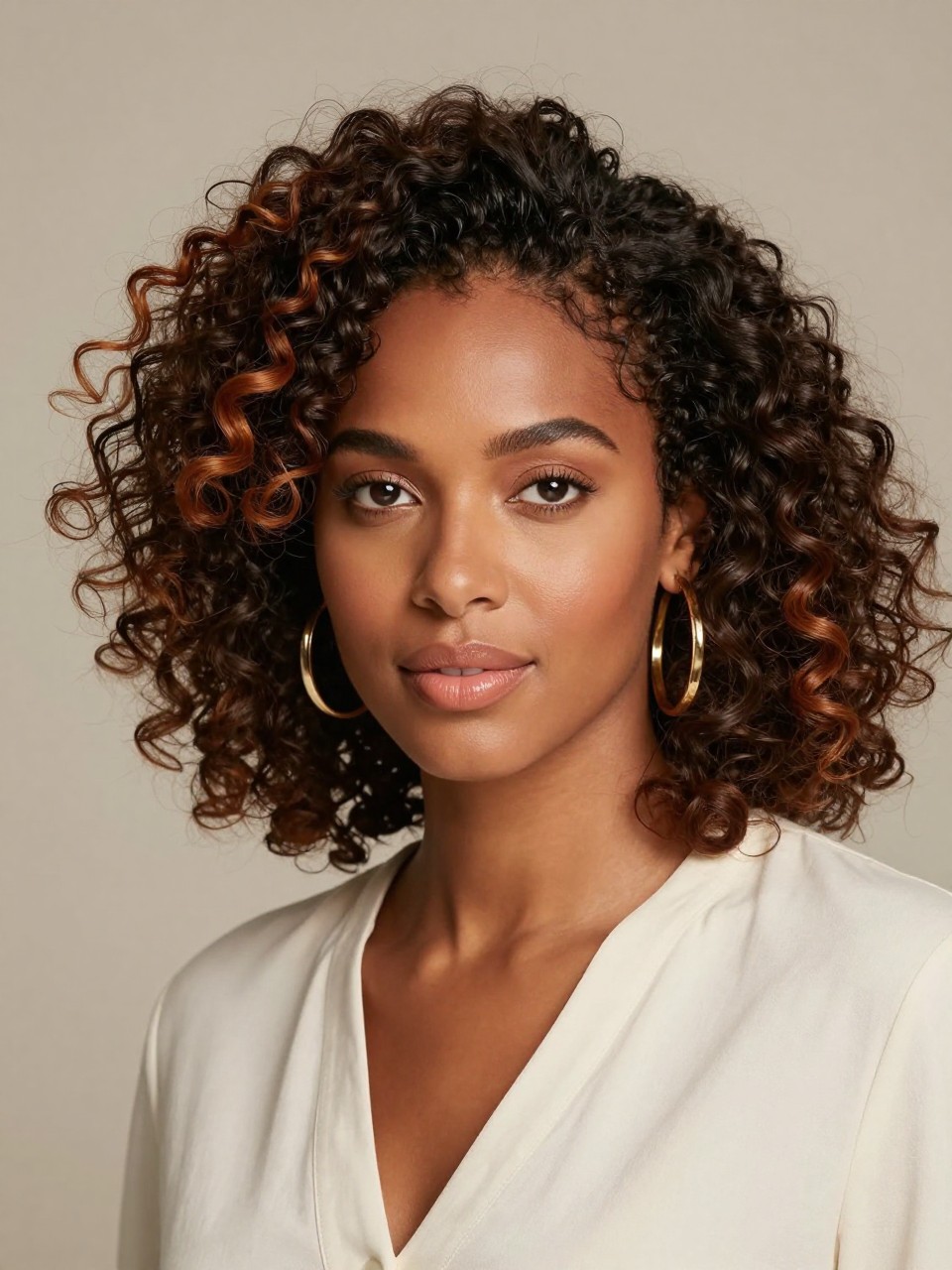 Image Prompt: A beautiful black woman with shoulder-length curly hair, dark brown top layer with soft auburn peekaboo underlayer, healthy defined curls with natural volume, auburn pieces showing underneath and near the back of the curls, warm medium skin tone, peach-toned makeup, glossy nude lips, gold hoops, cream blouse, neutral studio background, soft diffused lighting, realistic DSLR beauty editorial portrait, detailed curl definition and warm auburn tone, no text, (no watermarks on images)
