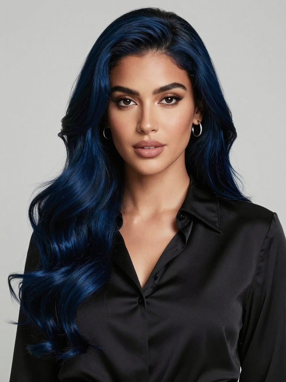 Image Prompt: A beautiful woman with long classic black blue hair, deep black base with rich navy-blue shine, center part, loose flowing waves, smooth glossy finish, medium-deep skin tone, soft glam makeup, glossy nude lips, small silver hoop earrings, black satin blouse, clean neutral studio background, soft diffused lighting, realistic DSLR beauty editorial portrait, detailed blue-black shine and smooth wave texture, no text, (no watermarks on images)