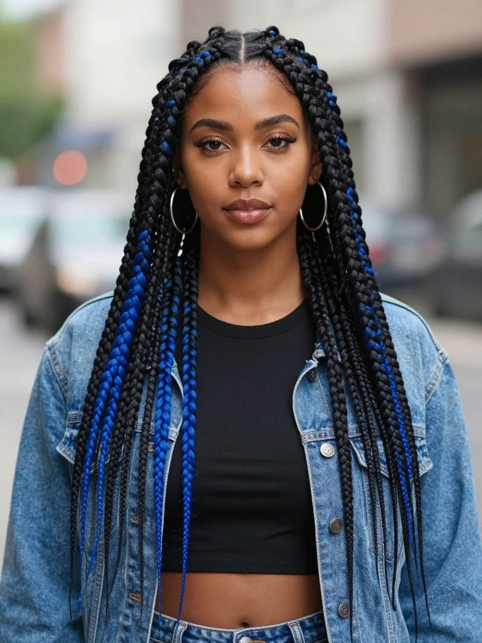 Image Prompt: A fashionable woman wearing long box braids with blue and black color blocking, half the braids deep black and selected thick sections bright royal blue, neat square parts, smooth waist-length braids, medium-deep brown skin, glossy lips, silver hoop earrings, black crop top with denim jacket, outdoor city background softly blurred, natural daylight, realistic lifestyle beauty portrait, detailed braid texture, no text, (no watermarks on images)