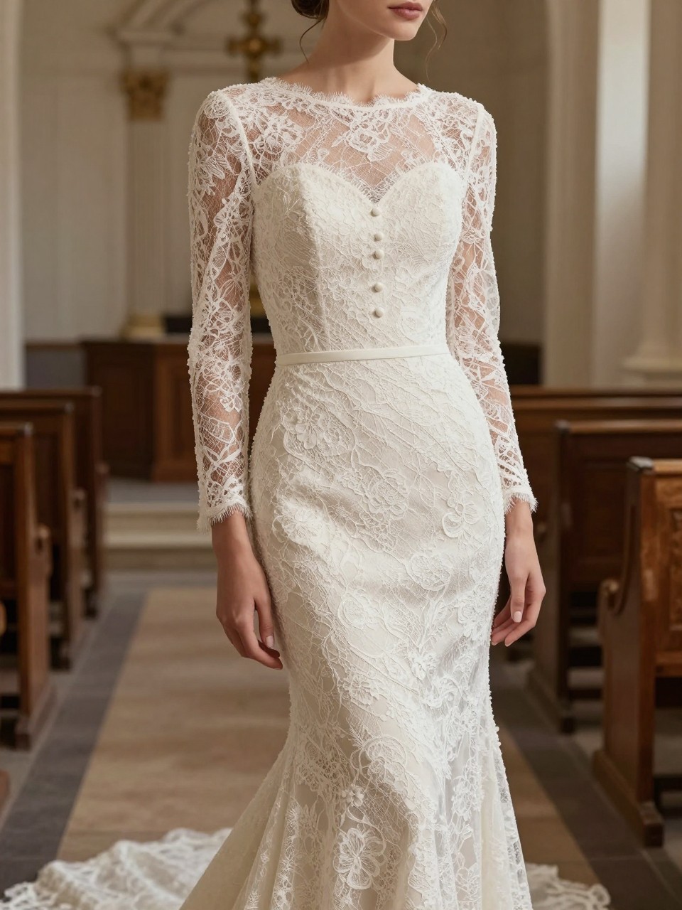 Image Prompt: A professional bridal editorial image of a vintage-inspired lace sheath wedding dress in an old chapel or elegant historic venue. Show the bride from the neck down or from a back-side angle so the face is hidden. The dress has delicate lace, a slim sheath shape, covered buttons, soft sleeves, and a small train. Use muted natural light, antique architectural details, realistic lace texture, fashion magazine quality, no visible face, no text, no watermark. (no watermarks on images)