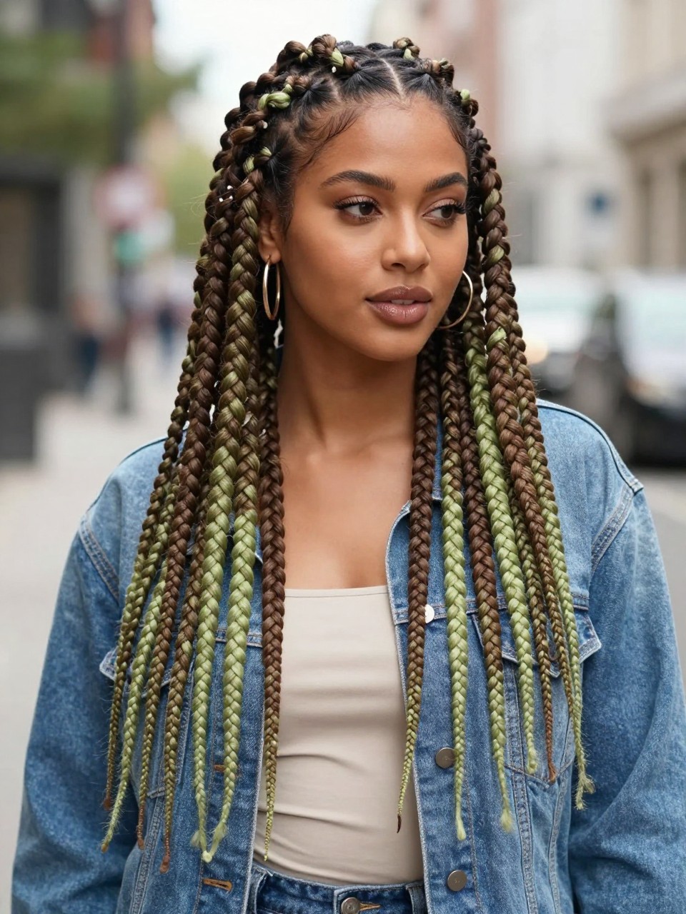 Image Prompt: A fashionable woman wearing long matcha chocolate box braids, waist-length braids in mixed chocolate brown, muted olive brown, and soft matcha green tones, neat square parts, smooth finished tips, softly styled baby hairs, medium-deep brown skin, glossy lips, gold hoop earrings, denim jacket over a cream top, outdoor city background softly blurred, natural daylight, realistic lifestyle beauty portrait, detailed braid texture and earthy color pattern, no text, (no watermarks on images)
