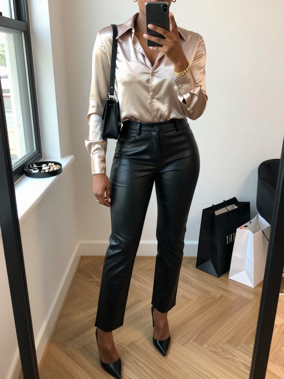 mirror selfie of a Black woman wearing the exact outfit described above, clearly showing a champagne satin blouse, black straight-leg leather pants, black pointed heels, black mini shoulder bag, and gold bracelet stack, holding a phone in front of a mirror, cropped at NECK so the face does not show, with a relaxed birthday selfie pose, in a fashion studio mirror corner, natural window light, including a jewelry tray on the vanity and shopping bags beside a chair, latest iPhone photo quality.