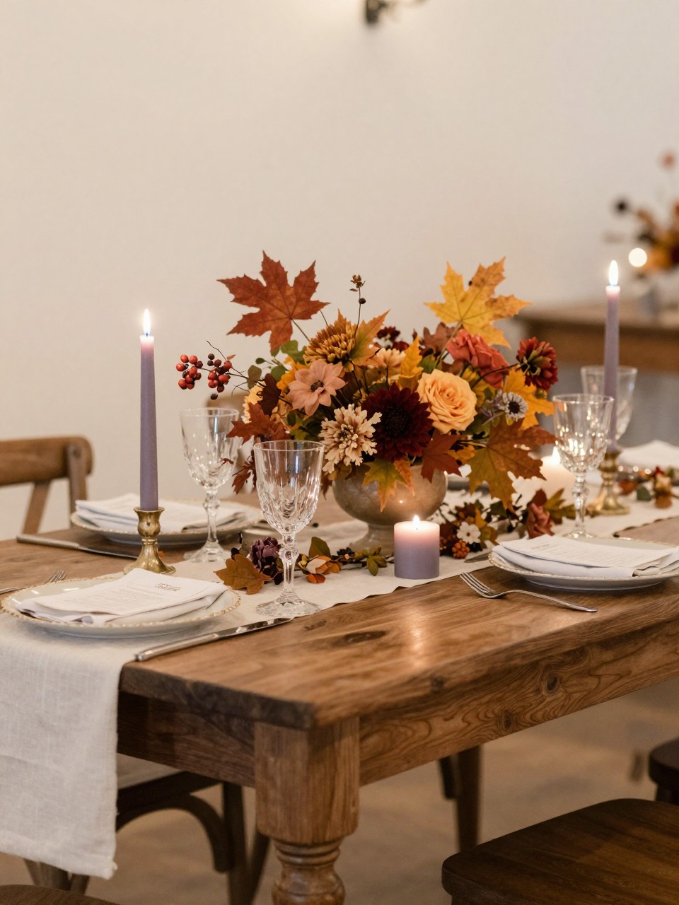 Realistic DSLR photo of a fall wedding sweetheart table with maple-colored flowers, dusty lavender candles, chestnut wood table, pearl white linen cloth, delicate glassware, soft floral garland, warm indoor lighting, romantic autumn wedding setup.