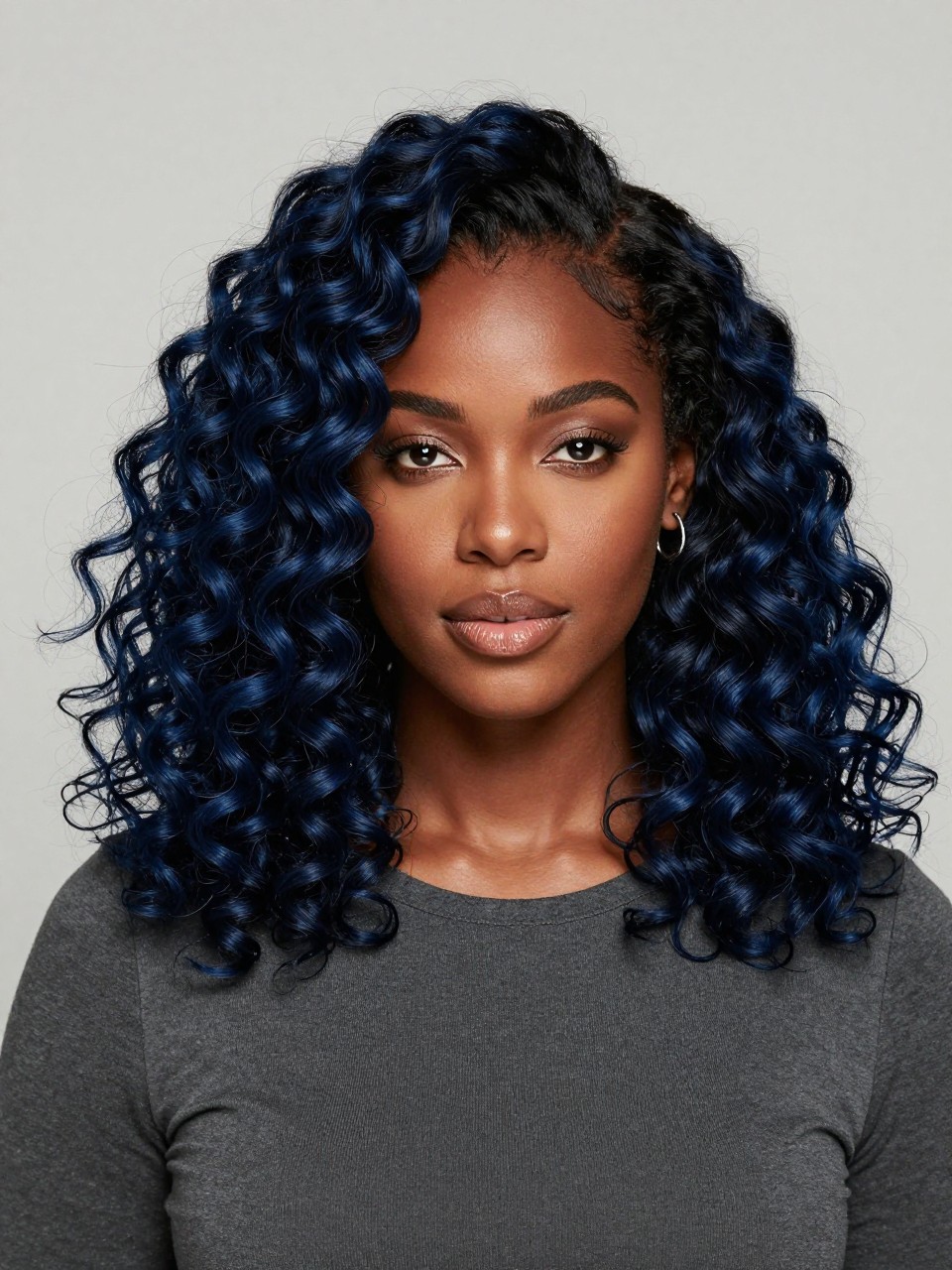 Image Prompt: A beautiful black woman with shoulder-length black blue curls, deep black roots with soft navy-blue shine through the curls, defined spiral curl pattern with healthy volume, deep brown skin, softly shaped brows, glossy nude lips, subtle bronzed makeup, small silver hoops, fitted charcoal top, clean neutral studio background, soft diffused lighting, close-up beauty editorial portrait, realistic DSLR photo, crisp curl texture and dark blue shine, no text, (no watermarks on images)