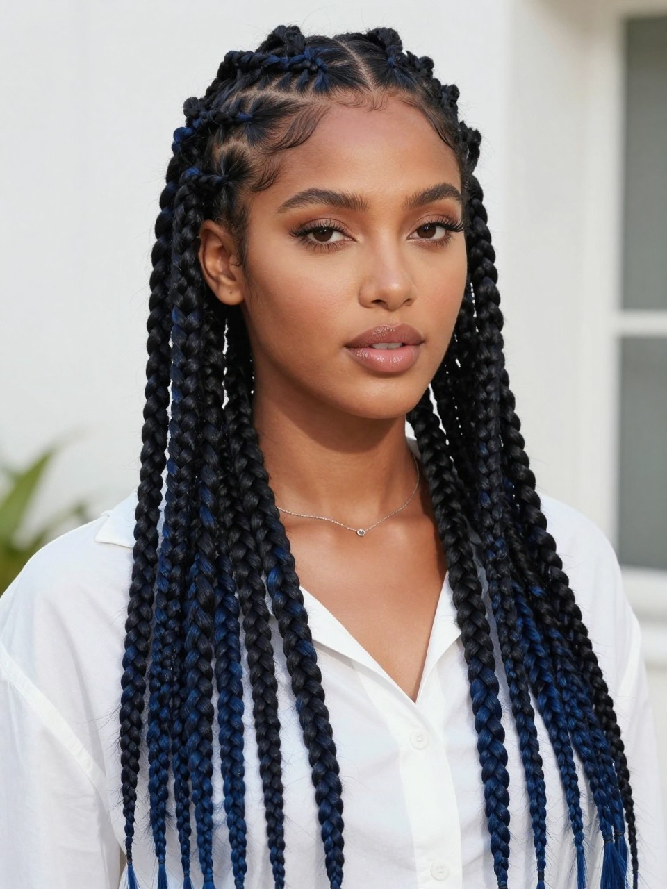 Image Prompt: A gorgeous woman with extra-long black blue knotless braids, lightweight natural-looking roots, clean scalp parts, smooth braids flowing over the shoulders, deep navy-black braid color with blue shine, deep brown skin, soft glam makeup, glossy nude lips, delicate silver jewelry, white blouse, bright natural daylight, clean airy outdoor background, realistic beauty editorial photo, detailed braid texture, polished finish, no text, (no watermarks on images)