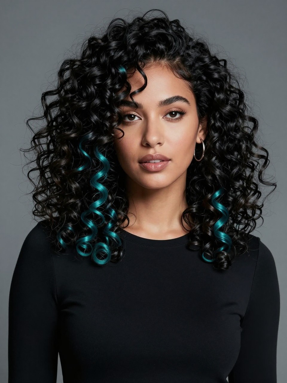 Image Prompt: A fashionable woman with shoulder-length defined curly hair, black top layer with rich teal peekaboo underlayer, bouncy curls with healthy shine, teal sections visible underneath and along the lower sides of the curls, medium skin tone, soft cool-toned makeup, glossy lips, silver earrings, black fitted top, modern studio background, cool diffused lighting, realistic DSLR beauty editorial portrait, detailed curl pattern and teal color placement, no text, (no watermarks on images)