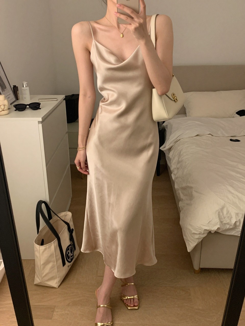 mirror selfie of a woman wearing a champagne satin slip midi dress with metallic gold strappy heels, a cream mini shoulder bag, a thin gold pendant necklace, and soft glossy makeup, holding a phone in front of a mirror, cropped at NECK so face doesn't show, with a natural casual selfie pose, in a feminine-themed bedroom, warm moody lighting, including small lived-in details like a tote bag on the floor, sunglasses on a dresser, or soft bedding in the background, latest iPhone photo quality.