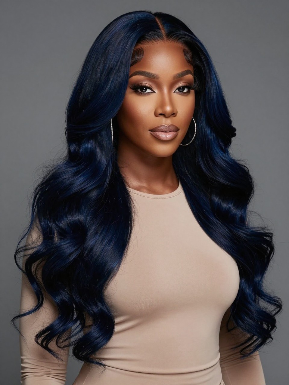 Image Prompt: A beautiful black woman wearing a long black blue wig, layered loose waves, deep black hair color with glossy navy-blue shine, natural-looking hairline, deep brown skin, smooth soft glam makeup, silver earrings, fitted beige top, luxury beauty studio setting, soft cool lighting, realistic editorial portrait, detailed wave texture and dark blue-black color depth, no text, (no watermarks on images)