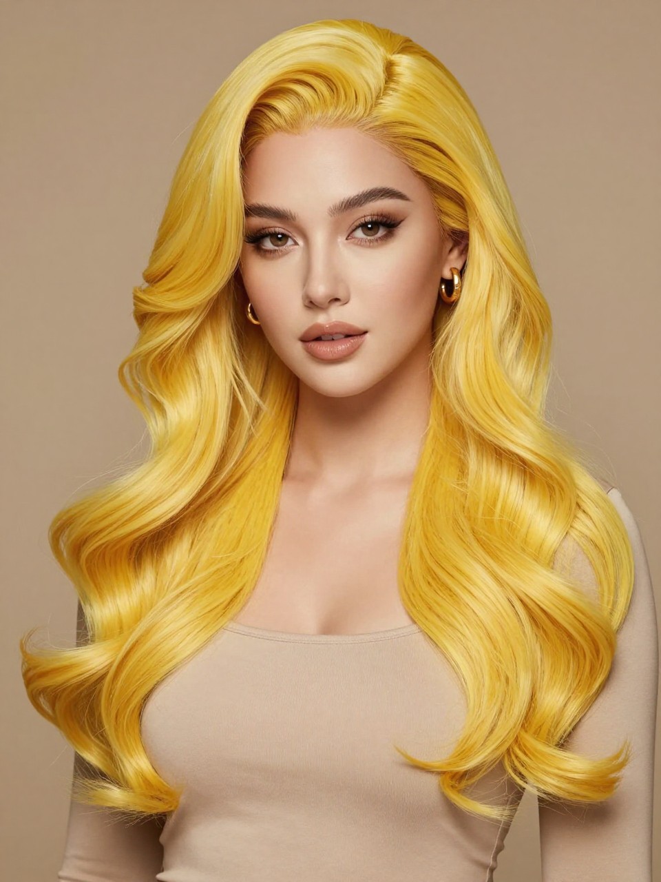 Image Prompt: A beautiful woman wearing a long yellow wig, layered loose waves, bright golden yellow hair color with glossy shine, natural-looking hairline, smooth soft glam makeup, gold earrings, fitted beige top, luxury beauty studio setting, soft warm lighting, realistic editorial portrait, detailed wave texture and yellow color depth, no text, (no watermarks on images)