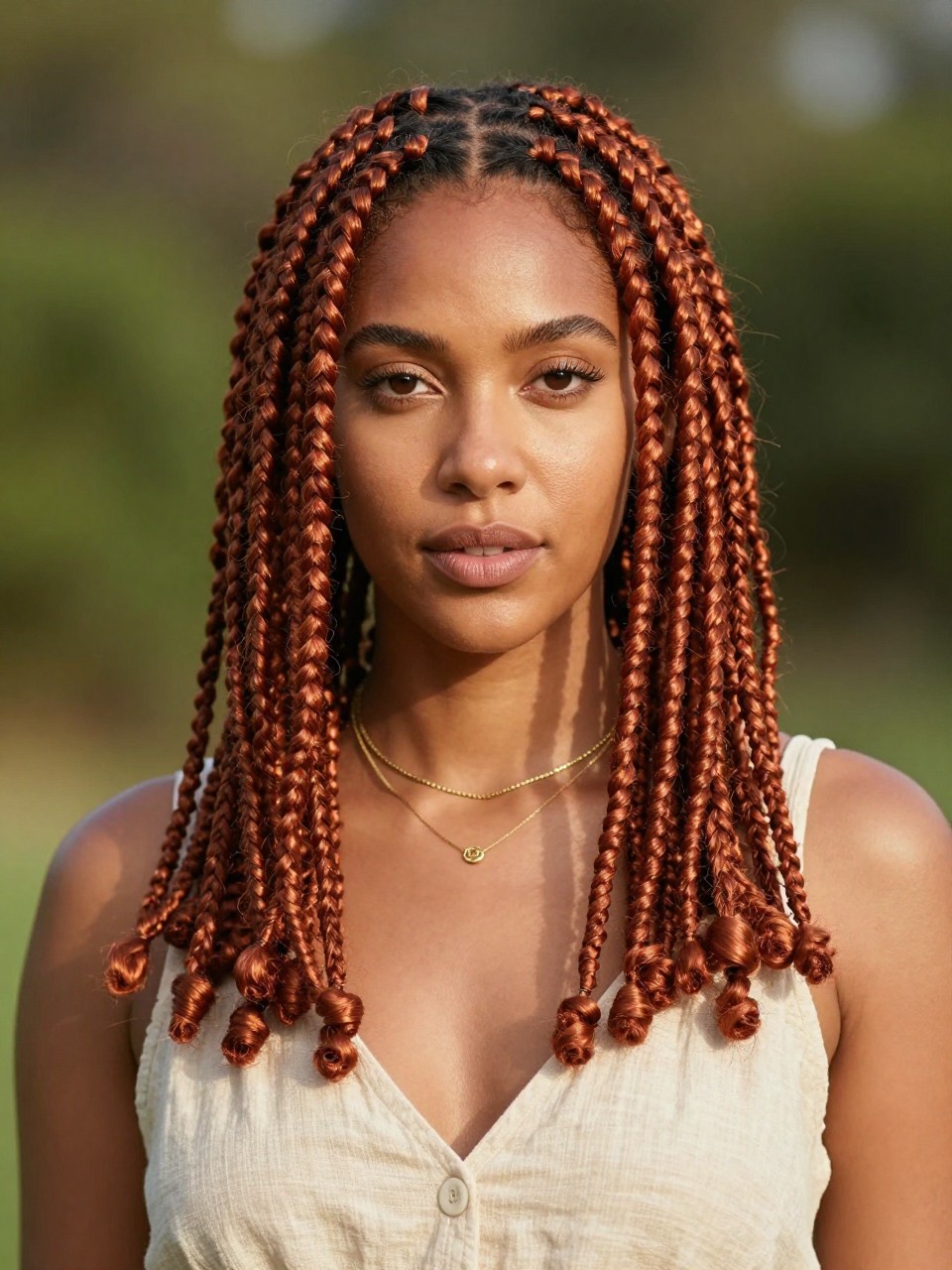 Image Prompt: A stunning woman with shoulder-length copper auburn locs, neatly maintained loc texture, rich auburn brown color with warm copper shine, a few locs framing the face, deep brown skin, natural glowing makeup, layered gold necklaces, cream linen dress, outdoor natural setting with softly blurred greenery, warm sunlight, realistic lifestyle editorial portrait, detailed loc texture and copper auburn color, no text, (no watermarks on images)