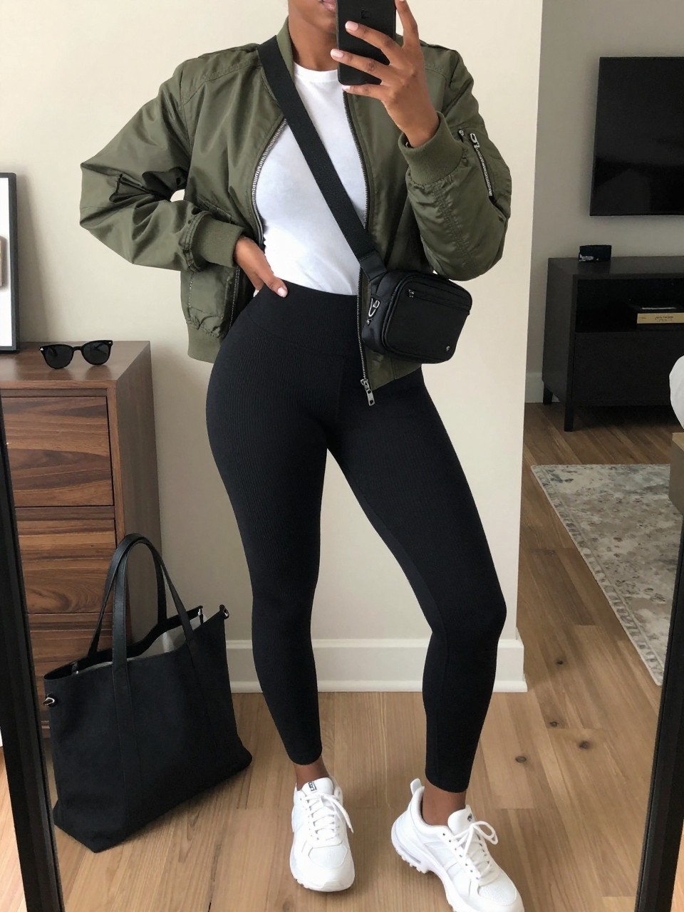 mirror selfie of a Black woman wearing the exact outfit described above, clearly showing an olive green bomber jacket, white fitted crew neck tee, black ribbed high-waisted leggings, white chunky sneakers, and black belt bag worn crossbody, holding a phone in front of a mirror, cropped at NECK so the face does not show, with a relaxed casual selfie pose, in a stylish city apartment, soft indoor lighting, including sunglasses placed on a dresser and a tote bag resting on the floor, latest iPhone photo quality.
