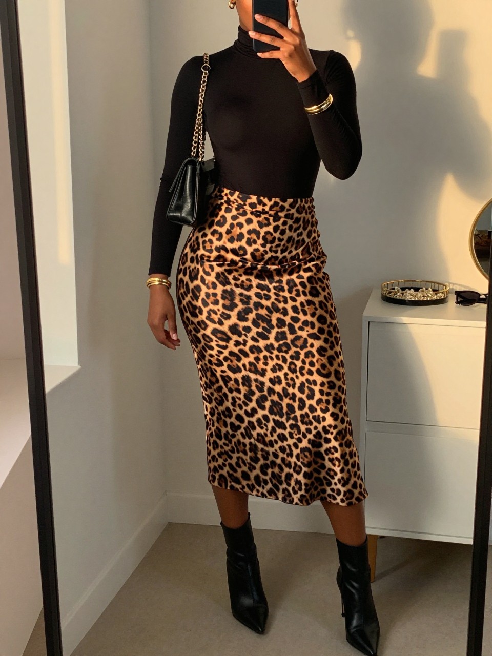 mirror selfie of a Black woman wearing the exact outfit described above, clearly showing a black fitted turtleneck bodysuit, leopard print satin midi skirt, black heeled ankle boots, black chain shoulder bag, and gold bangle, holding a phone in front of a mirror, cropped at NECK so the face does not show, with a relaxed casual selfie pose, in a fashion studio mirror corner, evening golden hour, including a jewelry tray on the vanity and sunglasses placed on a dresser, latest iPhone photo quality.