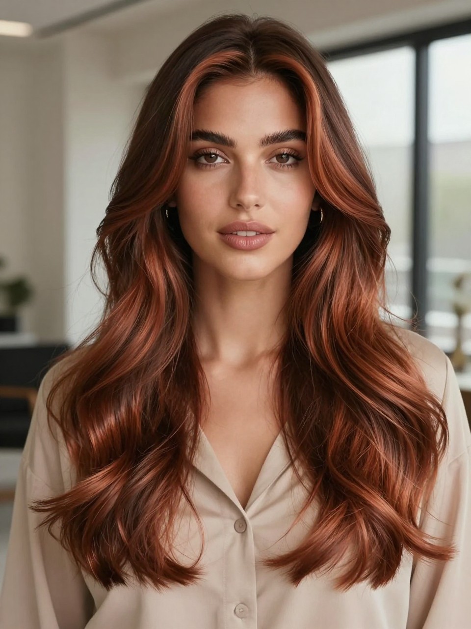 Image Prompt: A stylish woman with long dark brown hair and copper auburn balayage, deep brunette roots with hand-painted copper auburn pieces through the mid-lengths and ends, soft loose waves, warm medium skin tone, natural glam makeup, glossy lips, gold earrings, beige blouse, modern indoor background, soft window light, realistic beauty editorial portrait, smooth blended copper auburn color placement, no text, (no watermarks on images)