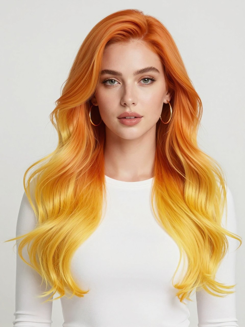 Image Prompt: A confident woman with long yellow and orange color melt hair, warm orange roots blending into golden yellow mid-lengths and soft lemon-yellow ends, loose flowing waves, glowy makeup, glossy lips, gold hoop earrings, white fitted top, clean bright studio background, soft flattering lighting, realistic DSLR beauty editorial portrait, detailed orange-to-yellow color blend and glossy wave texture, no text, (no watermarks on images)