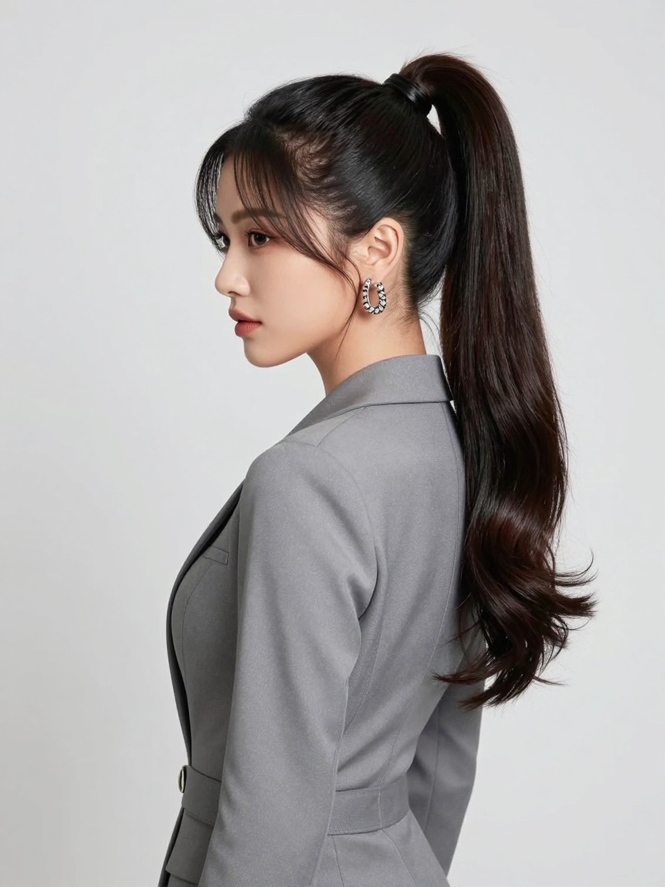 A photorealistic fashion hairstyle image showing a high ponytail with a soft side part, smooth glossy roots, curled ponytail ends, dark hair with soft shine, laid edges, statement earrings, fitted blazer dress, clean modern background, stylish editorial beauty photography, no text, no watermark, no watermarks on images.