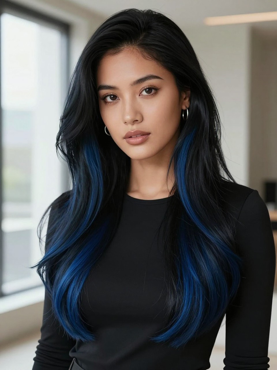 Image Prompt: A stylish woman with long black hair and black blue balayage, glossy dark roots with hand-painted navy-blue pieces through the mid-lengths and ends, soft loose waves, medium-deep skin tone, natural glam makeup, glossy lips, silver earrings, fitted black blouse, modern indoor background, soft window light, realistic beauty editorial portrait, smooth blended blue-black color placement, no text, (no watermarks on images)