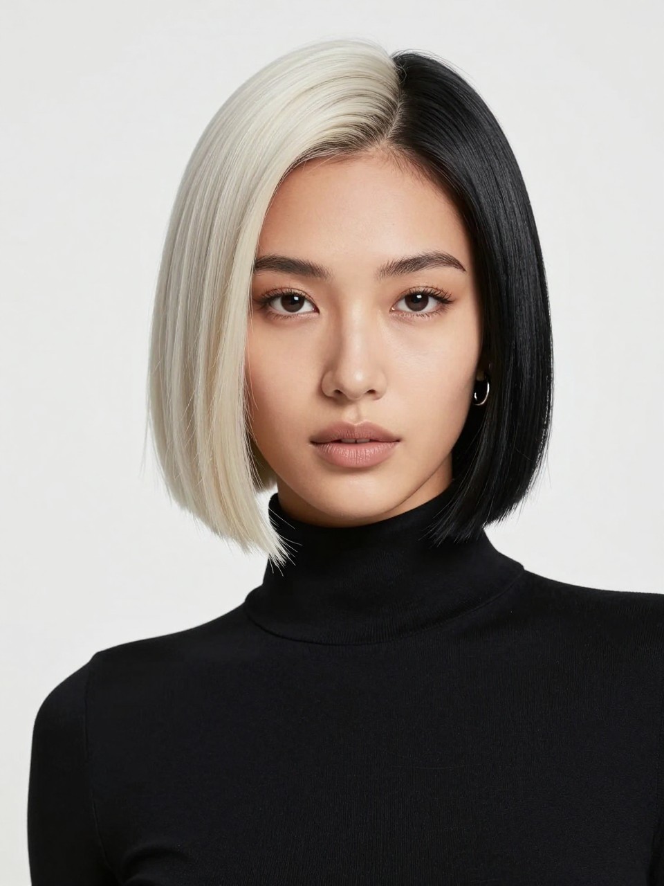 Image Prompt: A chic woman with a blunt bob styled in platinum and jet black split dye, one side icy platinum blonde and the other side glossy black, sharp jaw-length cut, sleek straight finish, clean center part, deep brown skin, defined lashes, soft nude lip, silver earrings, fitted black turtleneck, clean studio background, sharp fashion editorial portrait, realistic DSLR image, no text, (no watermarks on images)