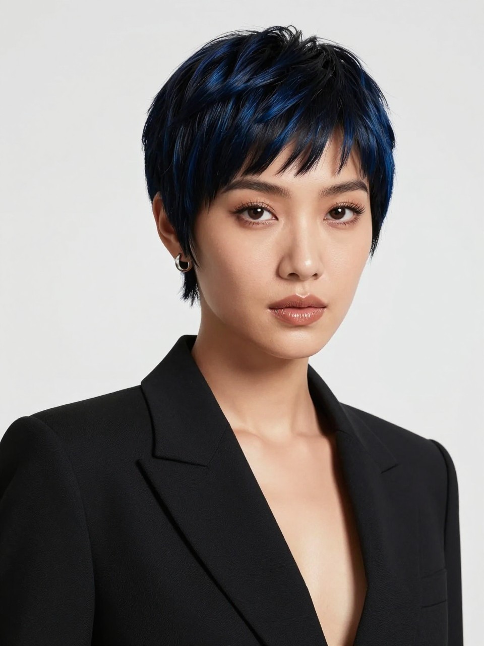 Image Prompt: A chic woman with a short black blue pixie cut, neatly shaped sides, soft swoop at the front, deep navy-black hair color with smooth blue shine, deep brown skin, defined lashes, glossy nude lip, small silver earrings, tailored black blazer, clean studio background, sharp beauty editorial photography, realistic DSLR image, no text, (no watermarks on images)