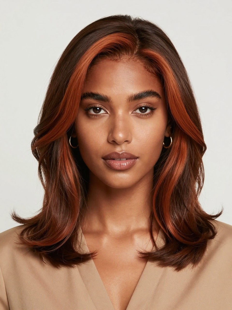 Image Prompt: A beautiful woman with dark brown hair and ginger color blocked front panels, smooth shoulder-length hair with soft waves, thick ginger pieces framing the face, dark brown base, warm deep brown skin, bronzed makeup, glossy lips, small gold hoops, tan blouse, clean studio background, soft flattering lighting, realistic DSLR beauty editorial image, sharp front color placement, no text, (no watermarks on images)