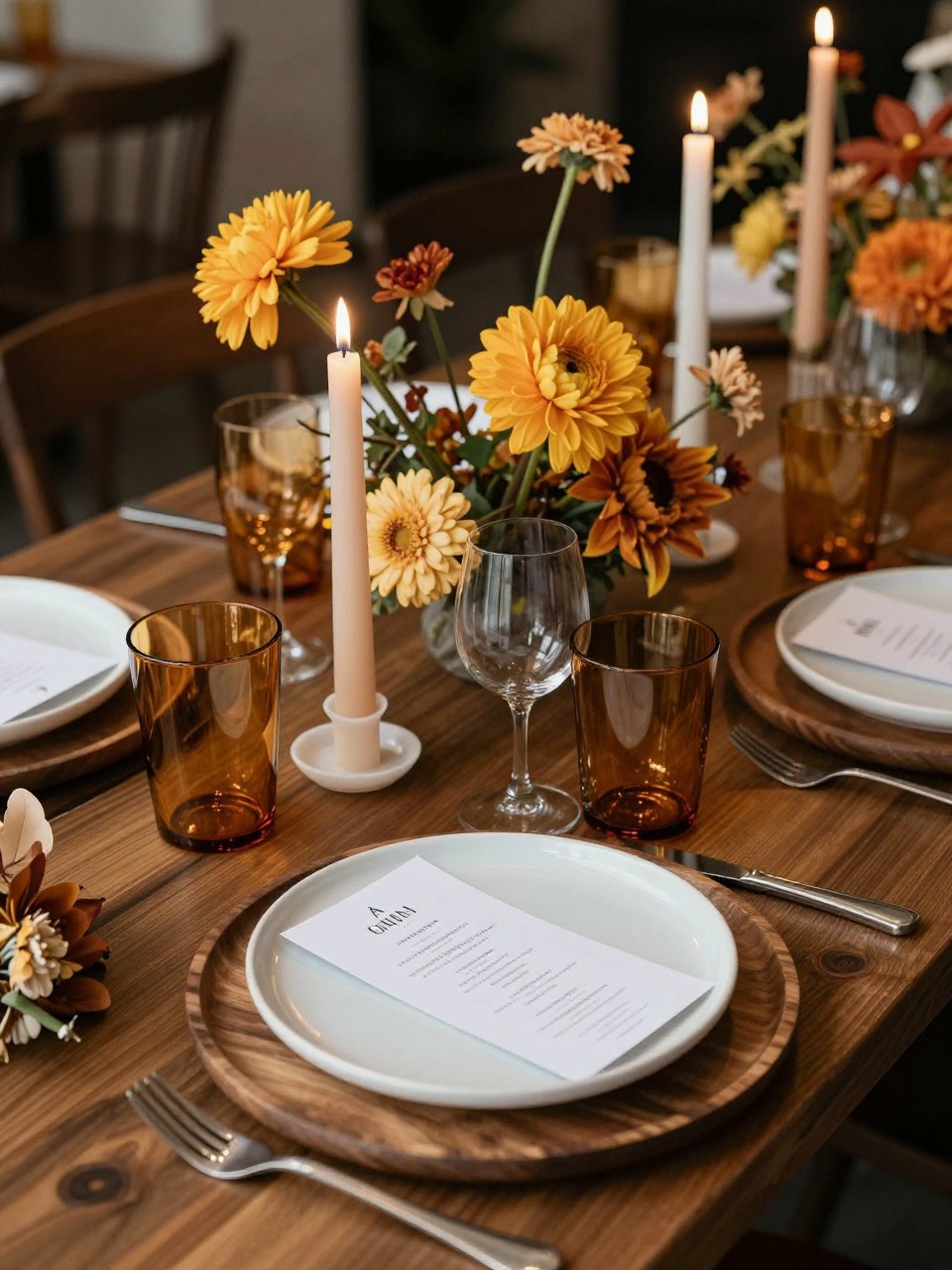 Realistic DSLR photo of a creative fall wedding tablescape with fresh chartreuse floral stems, walnut brown wooden chargers, bone white ceramic plates, smoked amber glass cups, sculptural candles, modern menu cards, moody restaurant lighting, stylish editorial composition.