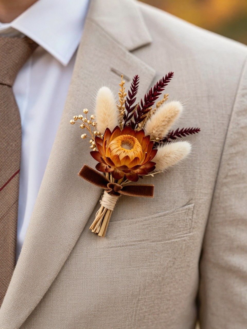Realistic DSLR photo of a fall wedding boutonniere made from tiny dried flowers, rust strawflower, cream bunny tails, golden grasses, burgundy preserved stems, brown velvet ribbon, pinned to a beige linen suit lapel, warm outdoor autumn wedding light.