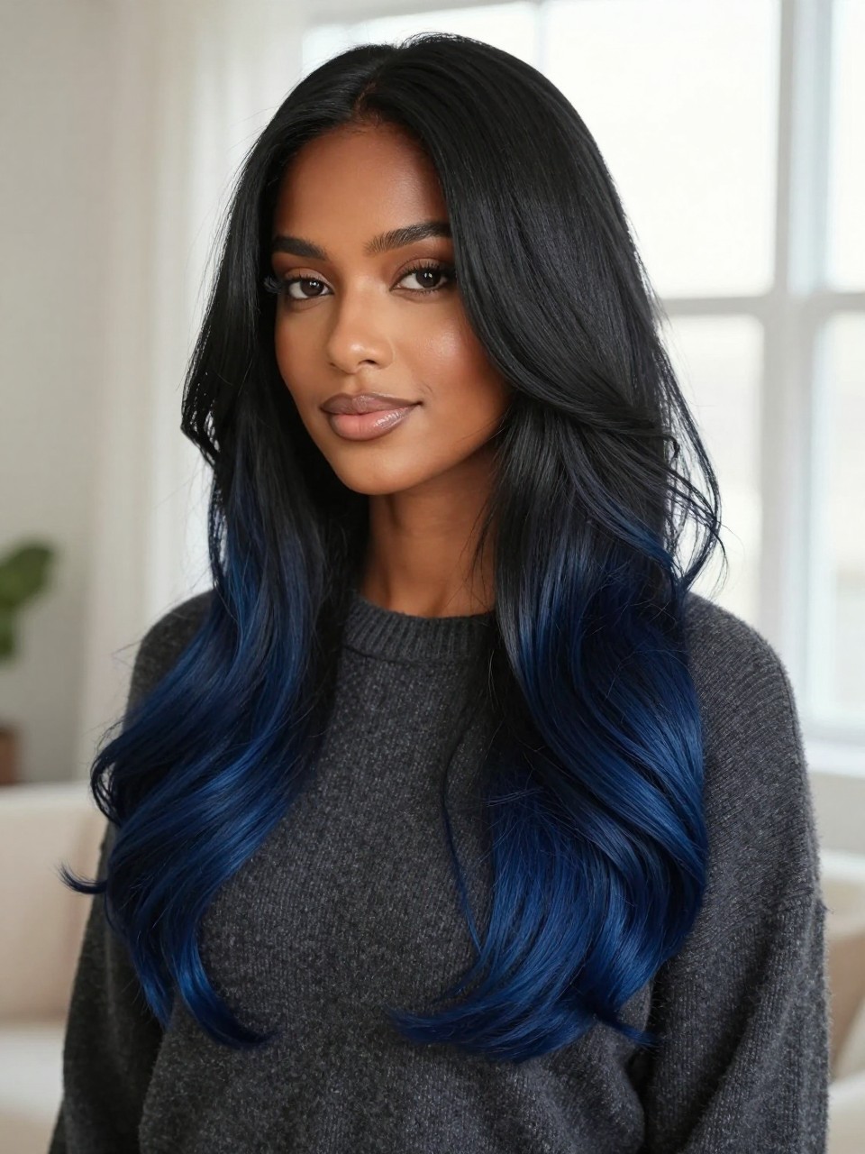 Image Prompt: A beautiful brown woman with long black hair fading into black blue ombré ends, glossy black roots and mid-lengths blending into deep navy-blue tips, soft loose waves, medium-deep skin tone, soft glam makeup, nude gloss, charcoal sweater, cozy indoor background, soft natural window light, realistic beauty editorial photo, smooth dark-to-blue color transition, no text, (no watermarks on images)