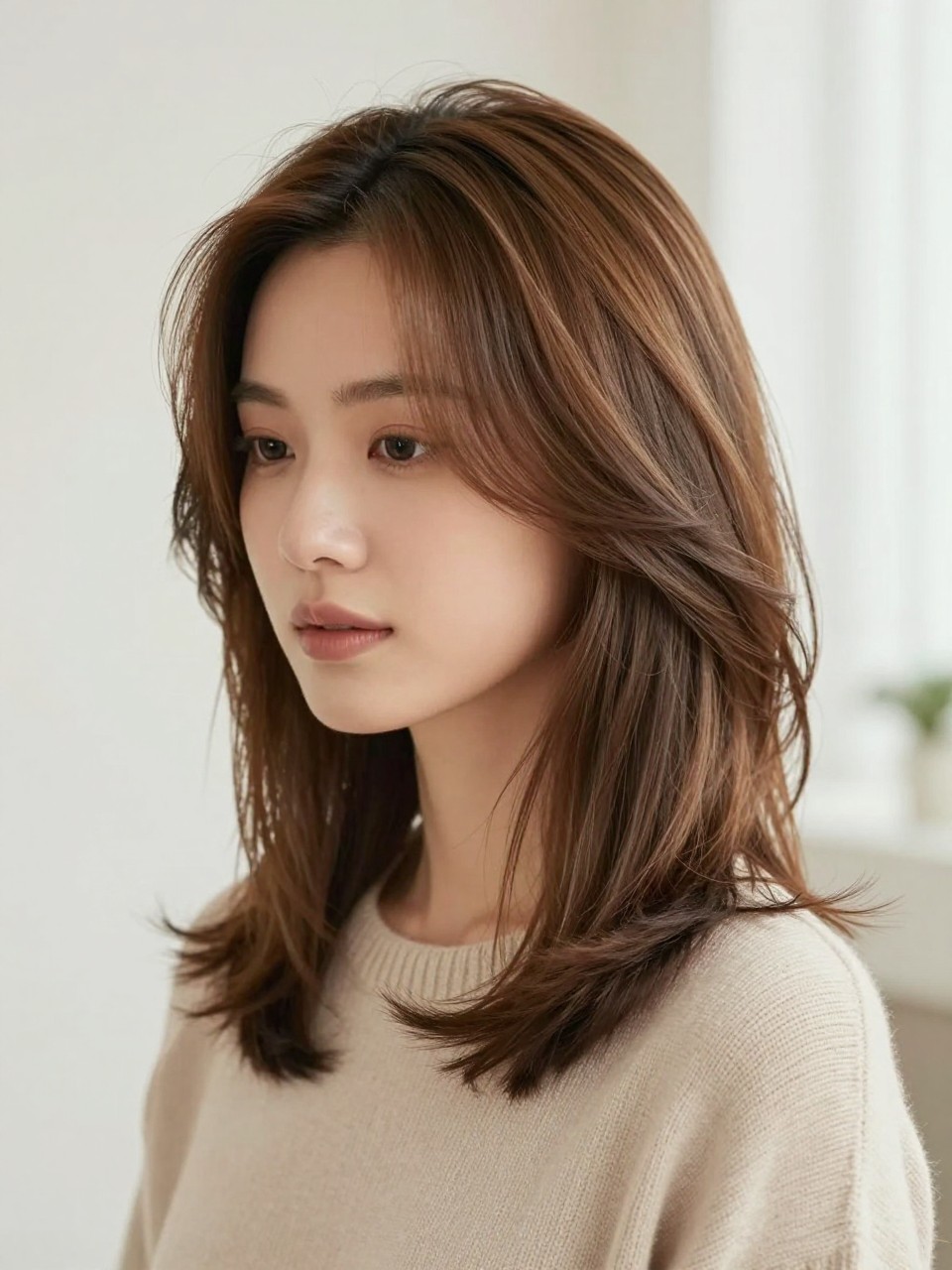 Image Prompt: A photorealistic hairstyle portrait of a woman with shoulder-length layered hair, soft side part, gentle blowout with curved ends, warm caramel highlights, light volume at the crown, fresh natural makeup, beige knit top, bright airy room, clean editorial beauty photography, no text, no watermark, no watermarks on images.
