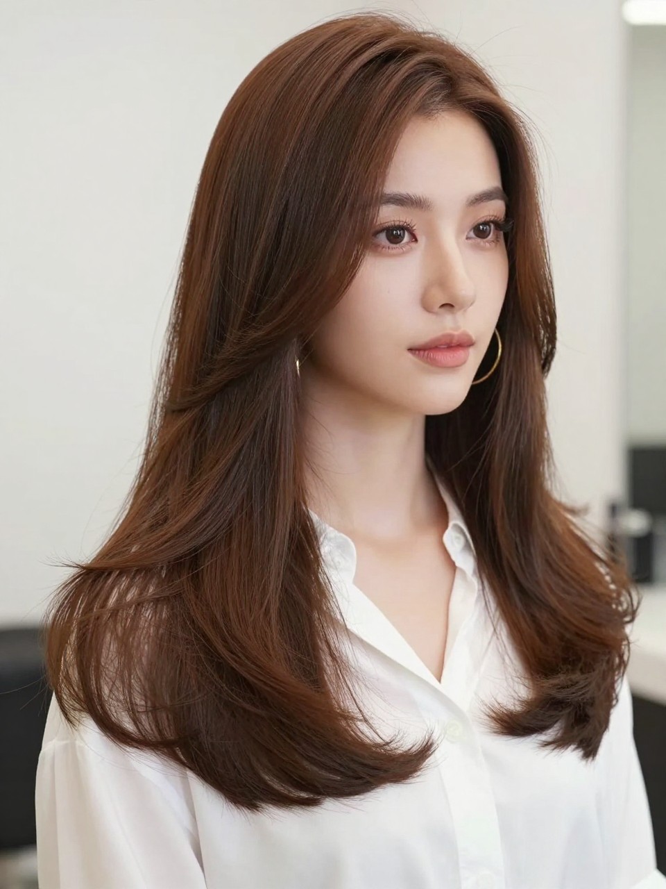 Image Prompt: A realistic beauty portrait of a woman with a soft side-parted blowout, long smooth hair with bouncy curved ends, subtle root volume, glossy chestnut brown color, fresh makeup, gold hoops, white blouse, clean bright salon-style background, polished editorial photography, no text, no watermark, no watermarks on images.