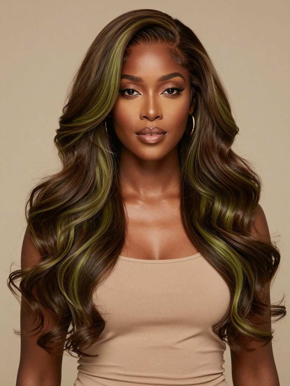 Image Prompt: A beautiful black woman wearing a long matcha chocolate wig, layered loose waves, rich chocolate brown hair color with muted matcha green and olive-brown undertones, natural-looking hairline, medium-deep skin tone, smooth soft glam makeup, gold earrings, fitted beige top, luxury beauty studio setting, soft warm lighting, realistic editorial portrait, detailed wave texture and earthy brunette tone, no text, (no watermarks on images)